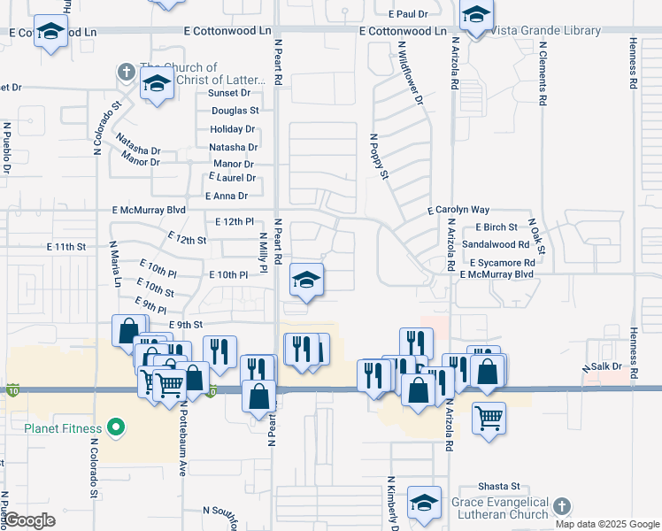 map of restaurants, bars, coffee shops, grocery stores, and more near 1564 East Eagle Court in Casa Grande