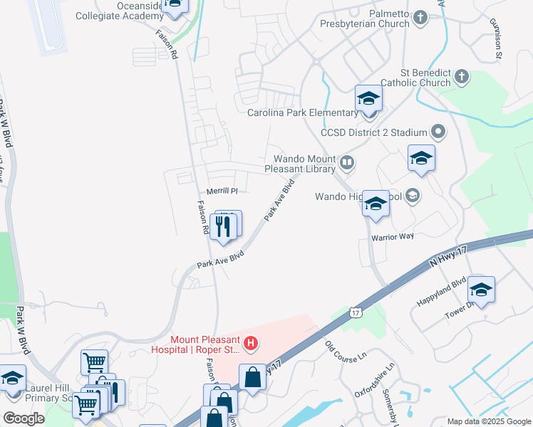 map of restaurants, bars, coffee shops, grocery stores, and more near Park Avenue Boulevard in Mount Pleasant