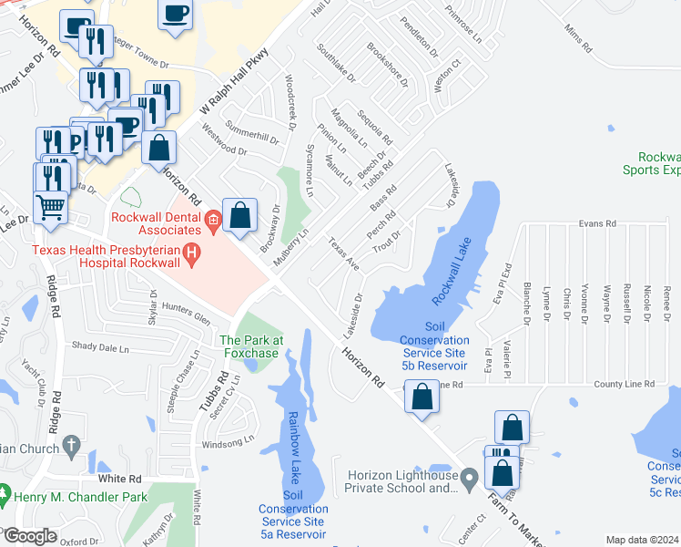 map of restaurants, bars, coffee shops, grocery stores, and more near 177 Perch Road in Rockwall