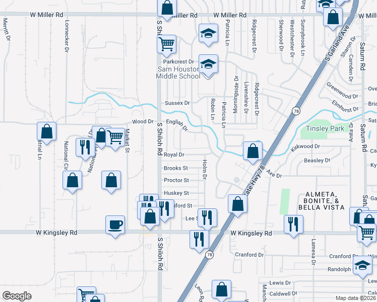 map of restaurants, bars, coffee shops, grocery stores, and more near 2325 Royal Drive in Garland