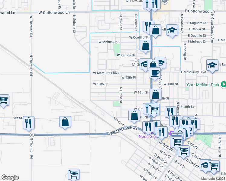 map of restaurants, bars, coffee shops, grocery stores, and more near 614 West 12th Street in Casa Grande