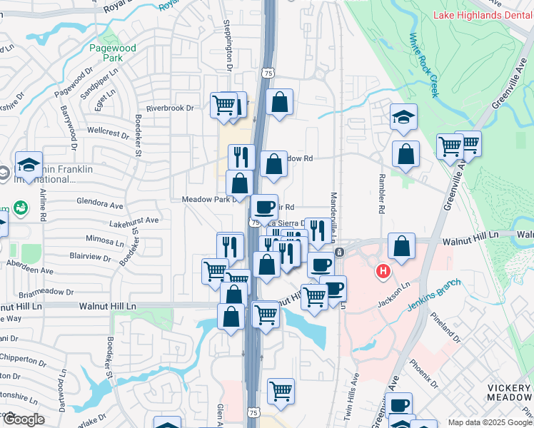 map of restaurants, bars, coffee shops, grocery stores, and more near 10010 North Central Expressway in Dallas