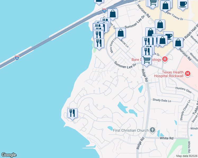 map of restaurants, bars, coffee shops, grocery stores, and more near 1101 Signal Ridge Place in Rockwall