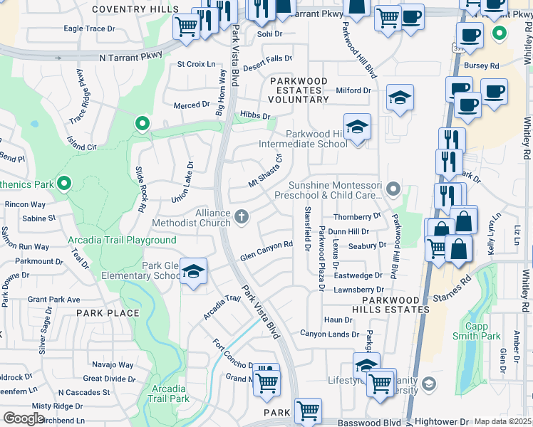 map of restaurants, bars, coffee shops, grocery stores, and more near 7949 Klamath Mountain Road in Fort Worth