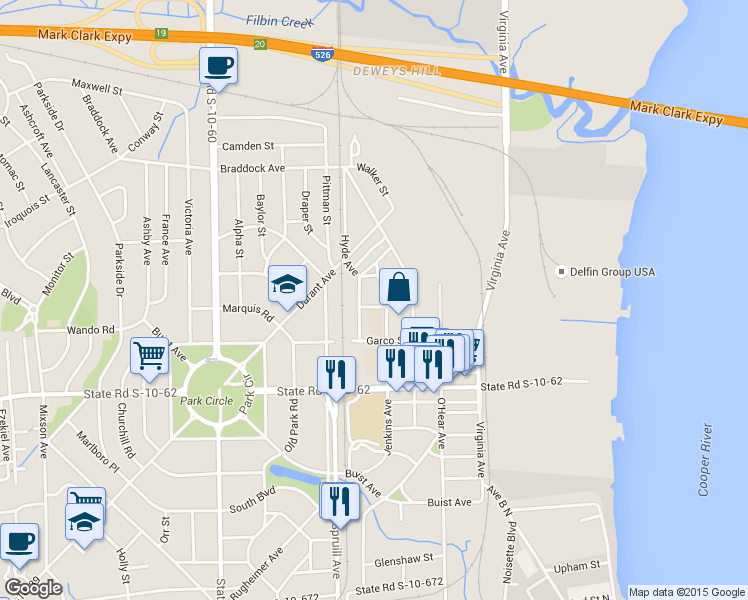 map of restaurants, bars, coffee shops, grocery stores, and more near 1093 Lockhart Street in North Charleston