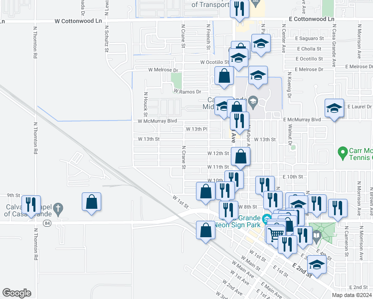 map of restaurants, bars, coffee shops, grocery stores, and more near 606 West 12th Street in Casa Grande