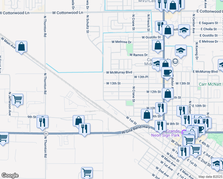 map of restaurants, bars, coffee shops, grocery stores, and more near 713 West 12th Street in Casa Grande