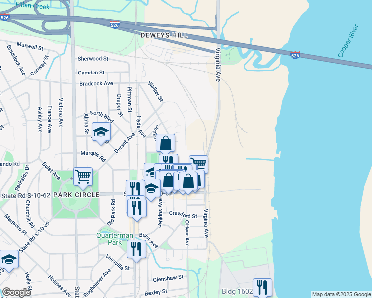 map of restaurants, bars, coffee shops, grocery stores, and more near 4920 O'Hear Avenue in North Charleston