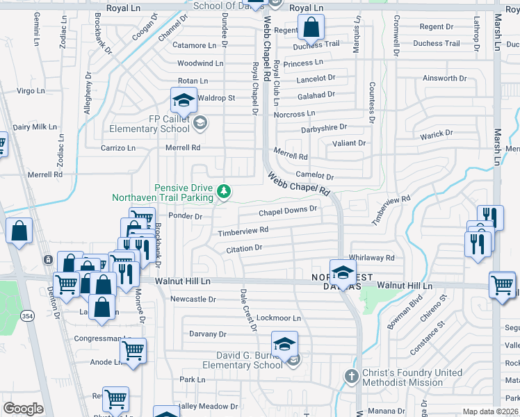 map of restaurants, bars, coffee shops, grocery stores, and more near 3115 Chapel Downs Drive in Dallas