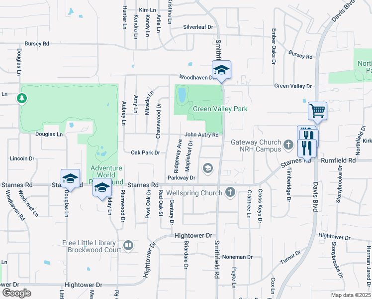 map of restaurants, bars, coffee shops, grocery stores, and more near 7600 Ridgeway Avenue in North Richland Hills