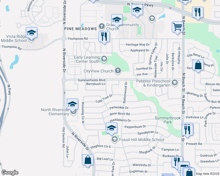 map of restaurants, bars, coffee shops, grocery stores, and more near 7916 Fox Chase Drive in Fort Worth