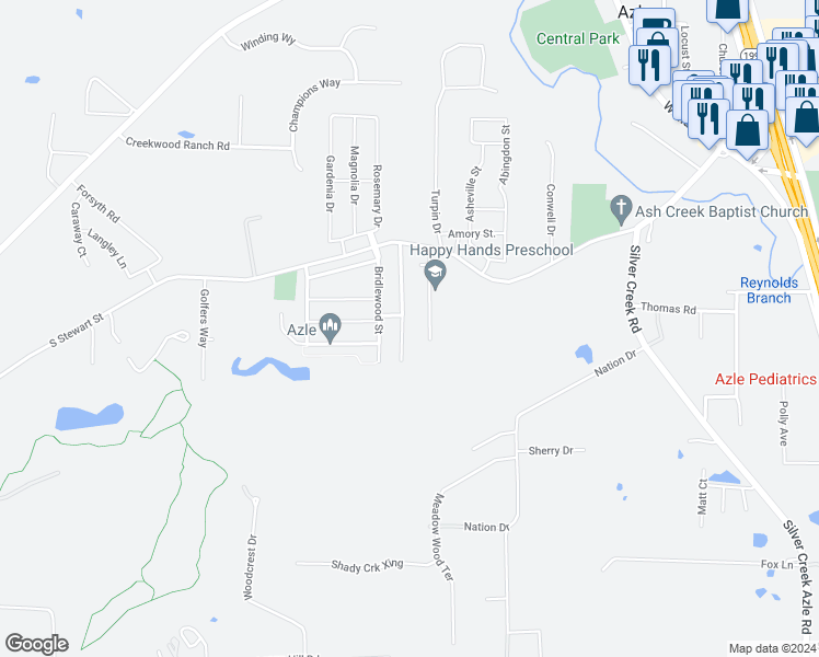 map of restaurants, bars, coffee shops, grocery stores, and more near 136 Huling Drive in Azle