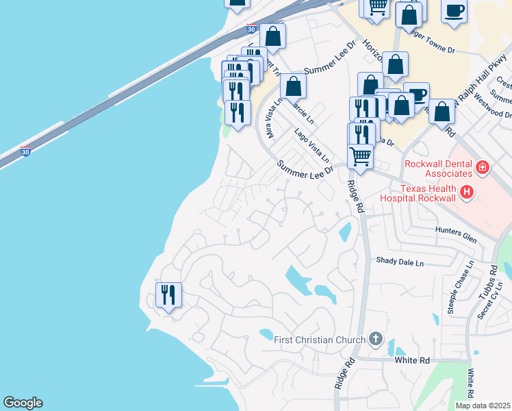 map of restaurants, bars, coffee shops, grocery stores, and more near 110 Mischief Lane in Rockwall