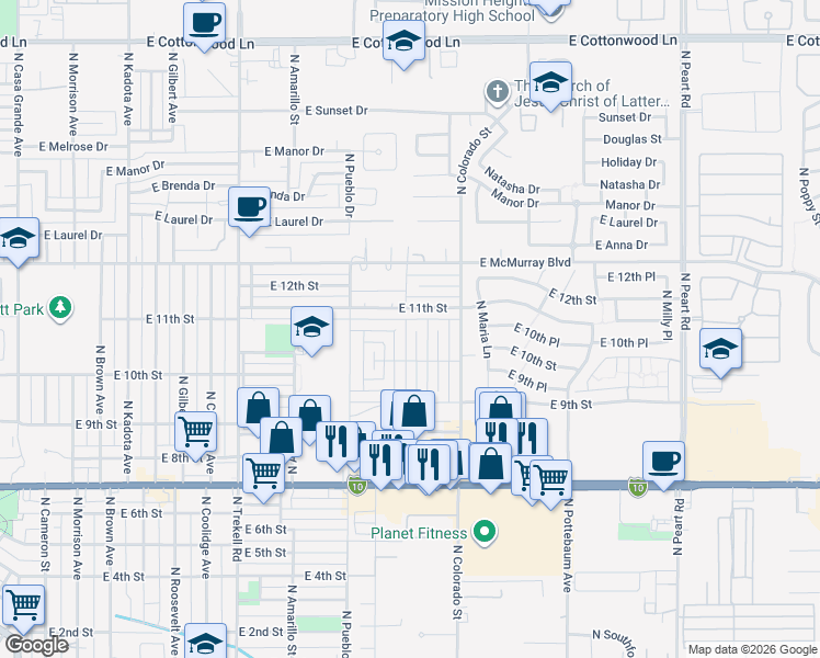 map of restaurants, bars, coffee shops, grocery stores, and more near 1020 North Westfall Street in Casa Grande