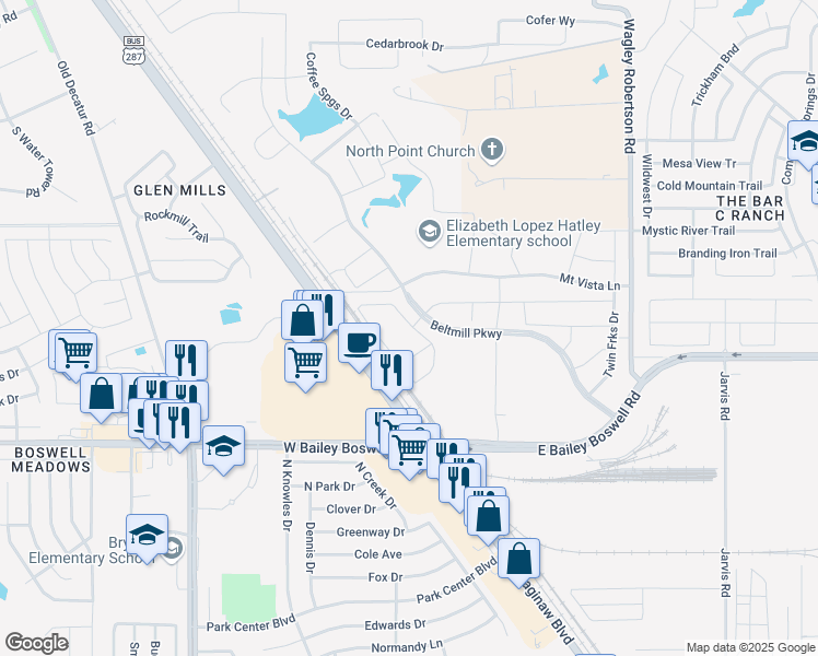 map of restaurants, bars, coffee shops, grocery stores, and more near 1551 Beltmill Parkway in Saginaw