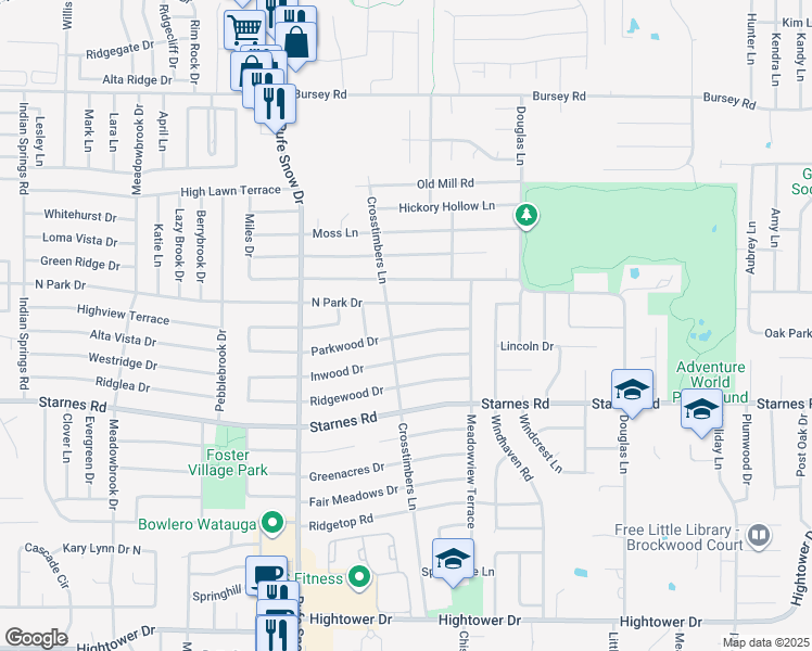 map of restaurants, bars, coffee shops, grocery stores, and more near 6816 Parkwood Drive in Fort Worth