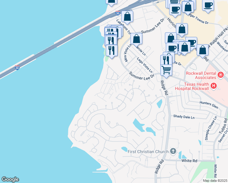 map of restaurants, bars, coffee shops, grocery stores, and more near 110 Mischief Lane in Rockwall