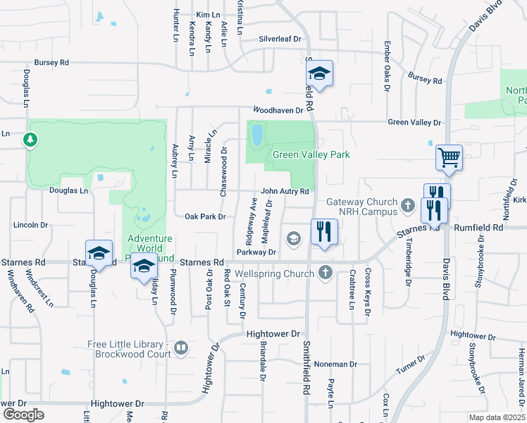map of restaurants, bars, coffee shops, grocery stores, and more near 7600 Ridgeway Avenue in North Richland Hills