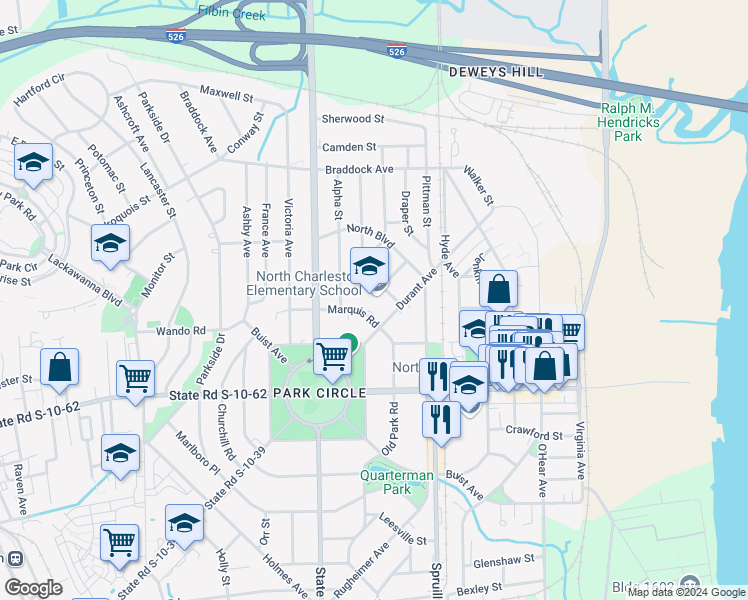 map of restaurants, bars, coffee shops, grocery stores, and more near 4921 Durant Avenue in North Charleston
