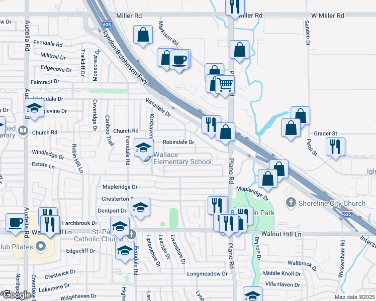 map of restaurants, bars, coffee shops, grocery stores, and more near 10460 Yorkford Drive in Dallas