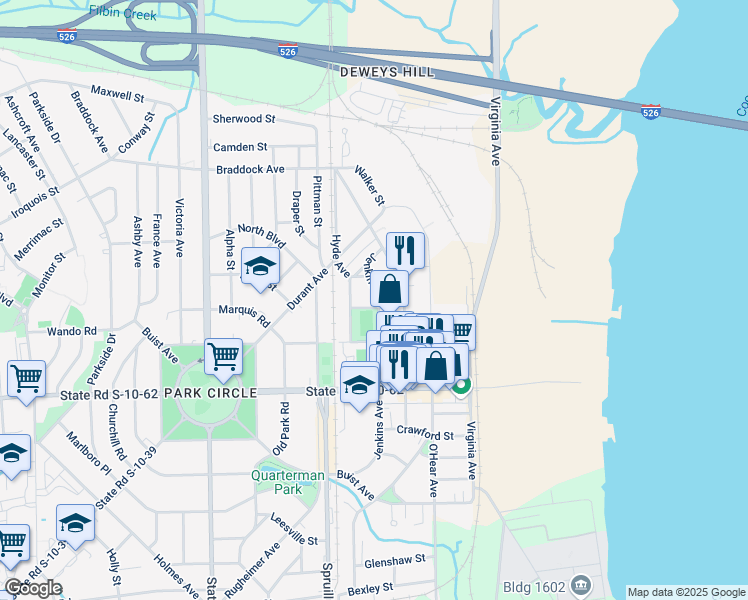 map of restaurants, bars, coffee shops, grocery stores, and more near 1093 Lockhart Street in North Charleston