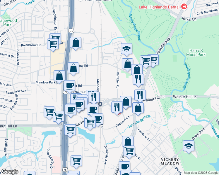 map of restaurants, bars, coffee shops, grocery stores, and more near 7537 Rambler Road in Dallas