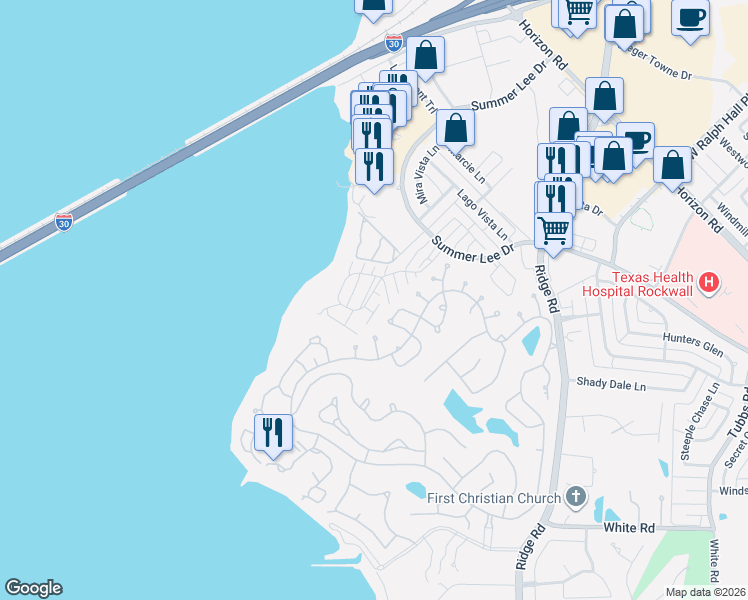 map of restaurants, bars, coffee shops, grocery stores, and more near 1101 Signal Ridge Place in Rockwall