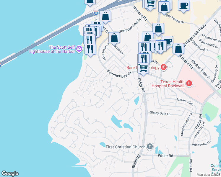 map of restaurants, bars, coffee shops, grocery stores, and more near 262 Victory Lane in Rockwall