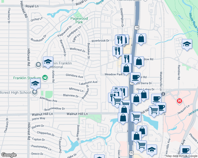 map of restaurants, bars, coffee shops, grocery stores, and more near 7348 Lakehurst Avenue in Dallas