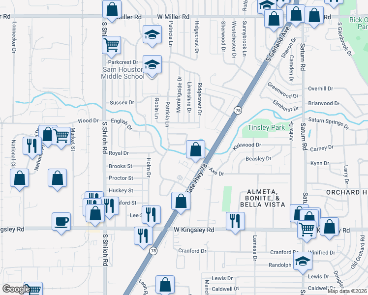 map of restaurants, bars, coffee shops, grocery stores, and more near 2124 Stonehenge Drive in Garland