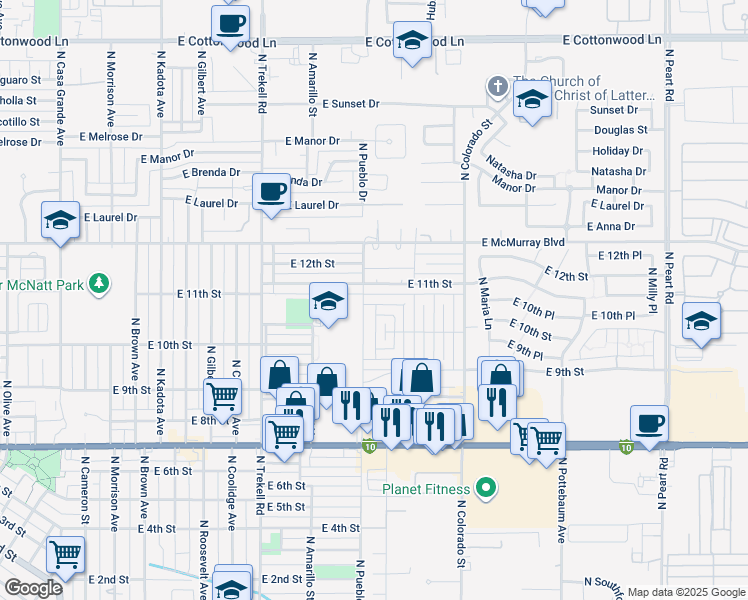 map of restaurants, bars, coffee shops, grocery stores, and more near 1213 East 11th Place in Casa Grande