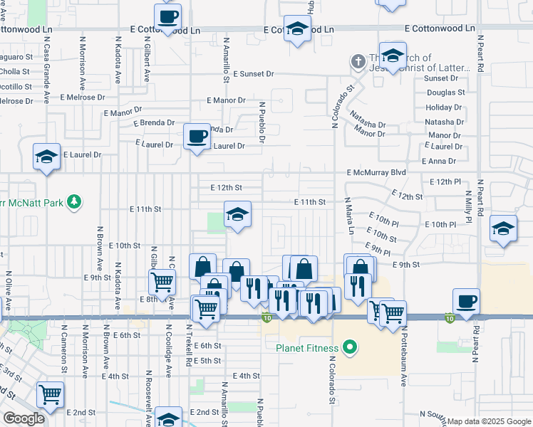 map of restaurants, bars, coffee shops, grocery stores, and more near 1213 East 11th Place in Casa Grande