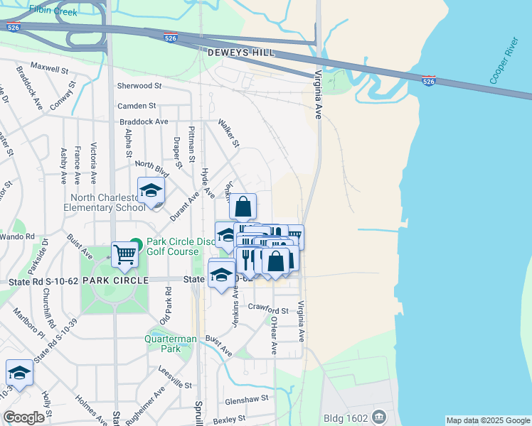 map of restaurants, bars, coffee shops, grocery stores, and more near 4920 O'Hear Avenue in North Charleston