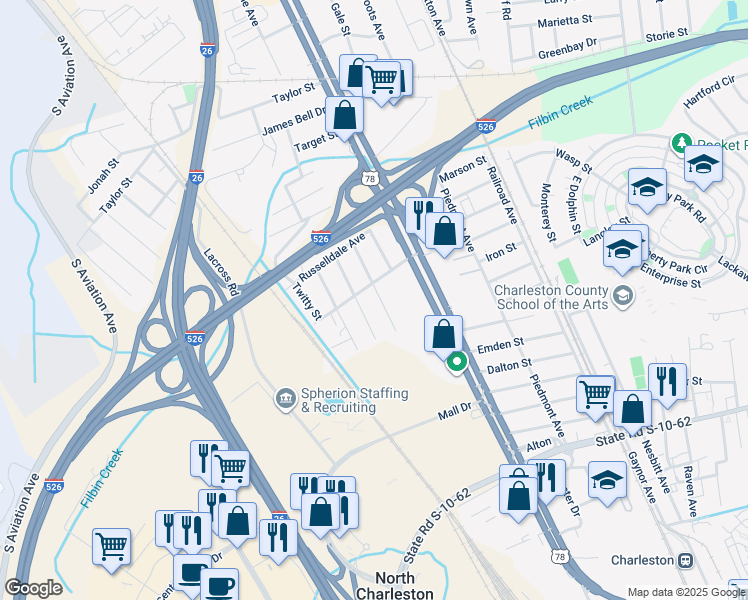 map of restaurants, bars, coffee shops, grocery stores, and more near 5061 Delta Street in North Charleston