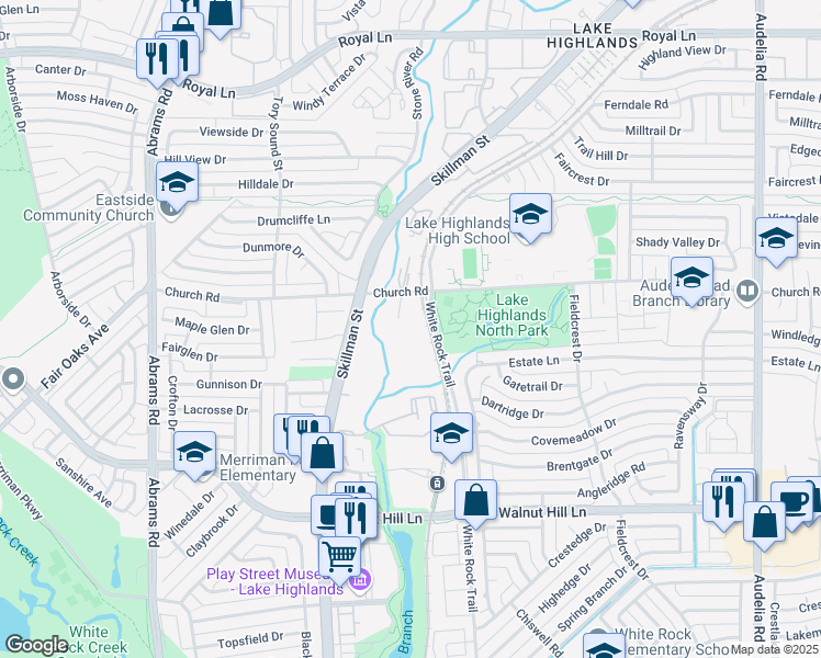 map of restaurants, bars, coffee shops, grocery stores, and more near 16 Merriwood Drive in Dallas