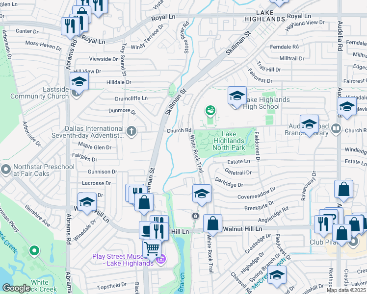 map of restaurants, bars, coffee shops, grocery stores, and more near 16 Merriwood Drive in Dallas