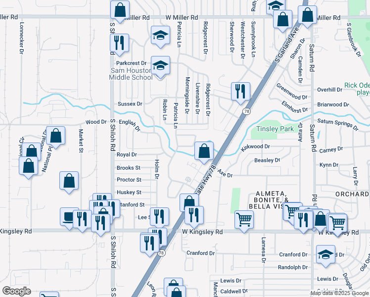 map of restaurants, bars, coffee shops, grocery stores, and more near 2132 Stonehenge Drive in Garland