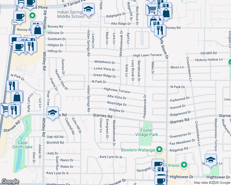 map of restaurants, bars, coffee shops, grocery stores, and more near 6465 Alta Vista Drive in Watauga