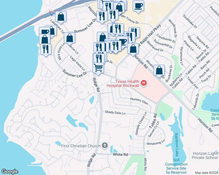 map of restaurants, bars, coffee shops, grocery stores, and more near 2963 Oak Drive in Rockwall