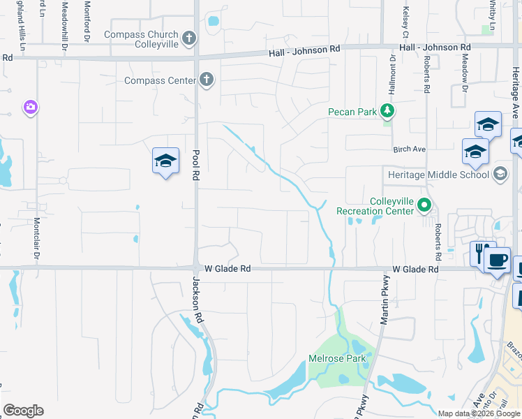 map of restaurants, bars, coffee shops, grocery stores, and more near Edgewood Lane in Colleyville