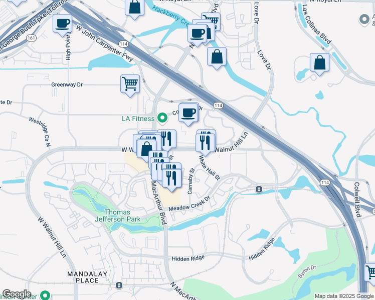map of restaurants, bars, coffee shops, grocery stores, and more near 900 West Walnut Hill Lane in Irving