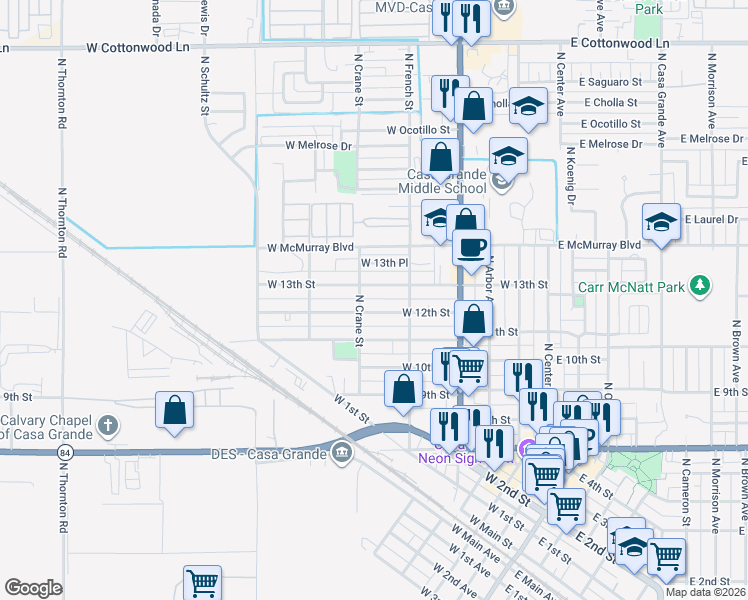 map of restaurants, bars, coffee shops, grocery stores, and more near 516 West 12th Street in Casa Grande