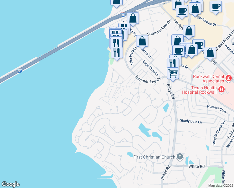 map of restaurants, bars, coffee shops, grocery stores, and more near 1102 Signal Ridge Place in Rockwall