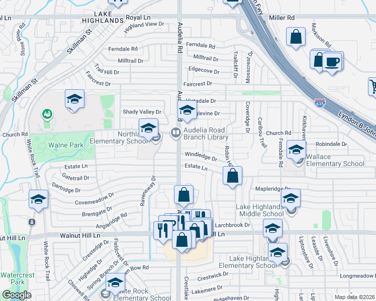 map of restaurants, bars, coffee shops, grocery stores, and more near 9816 Windledge Drive in Dallas