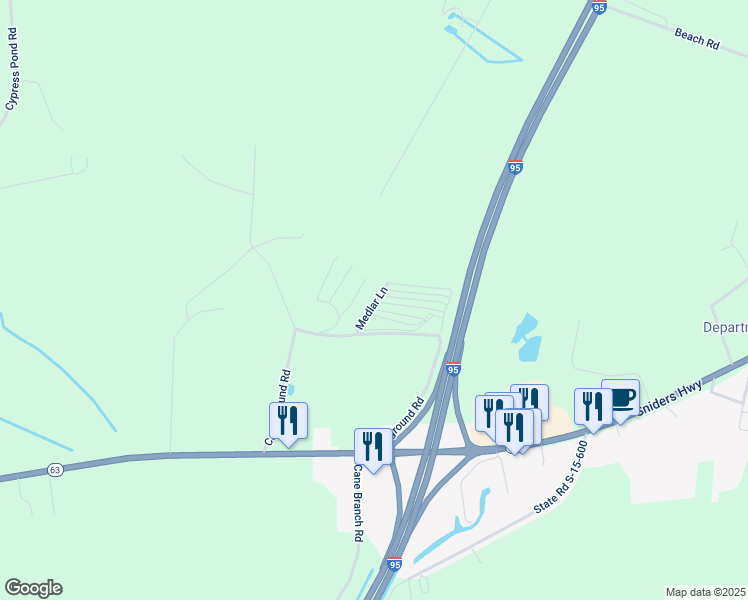 map of restaurants, bars, coffee shops, grocery stores, and more near 396 Campground Road in Walterboro