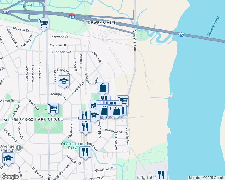 map of restaurants, bars, coffee shops, grocery stores, and more near 4920 O'Hear Avenue in North Charleston
