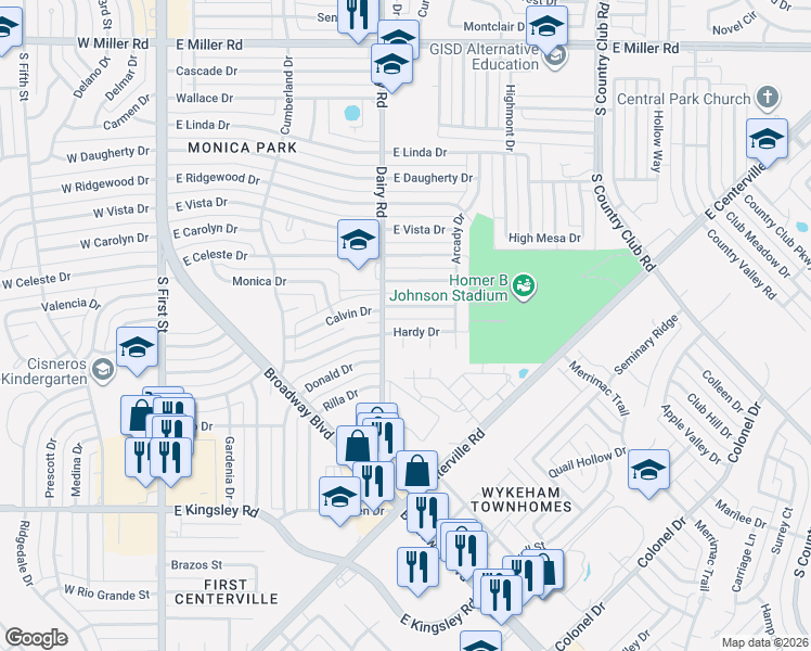 map of restaurants, bars, coffee shops, grocery stores, and more near 2802 Hardy Circle in Garland