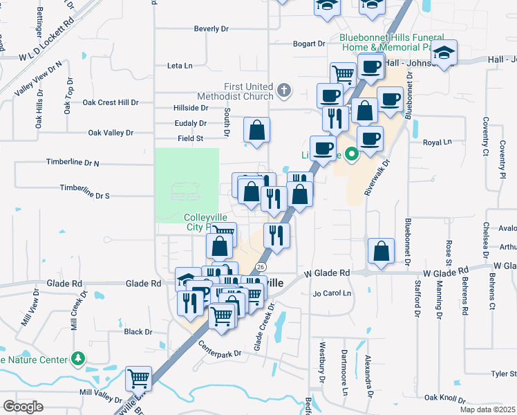 map of restaurants, bars, coffee shops, grocery stores, and more near 46 Piazza Lane in Colleyville