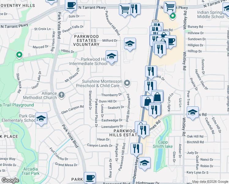 map of restaurants, bars, coffee shops, grocery stores, and more near 5544 Thornberry Drive in Fort Worth