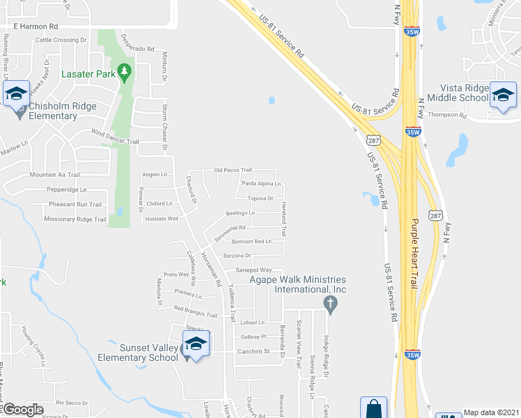 map of restaurants, bars, coffee shops, grocery stores, and more near 2420 Buelingo Lane in Fort Worth